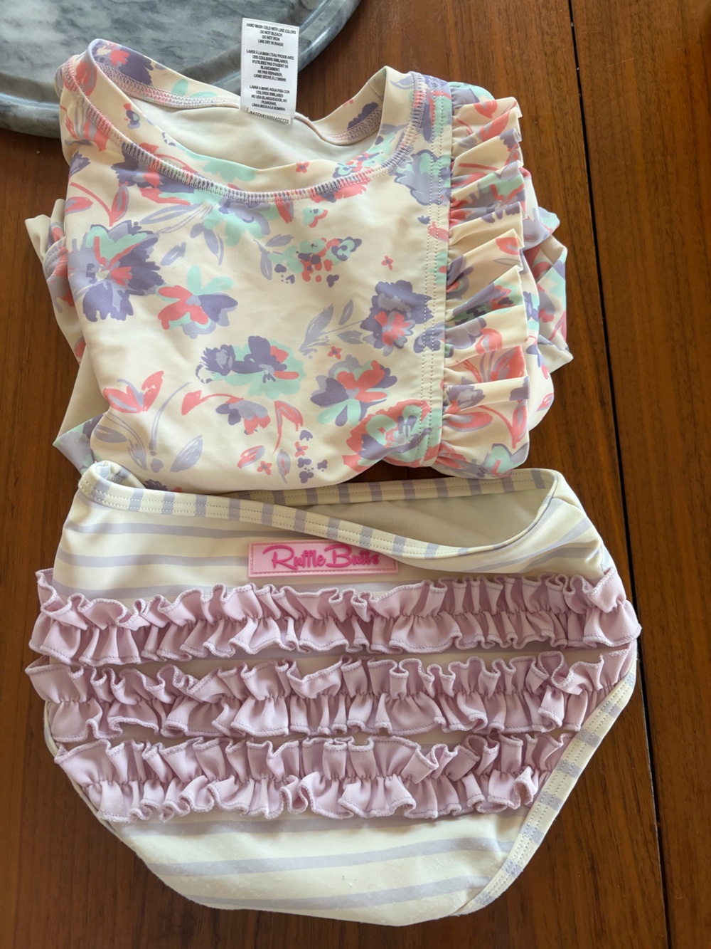 Ruffle Butts Cream Floral Top & Pastel Lavender Ruffle Bottoms